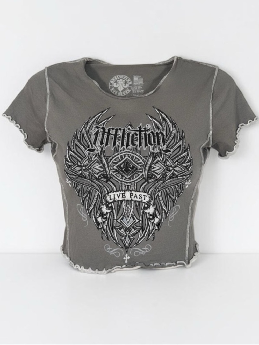 Affliction Gray 'Live Fast' Wing Graphic Crop Top
